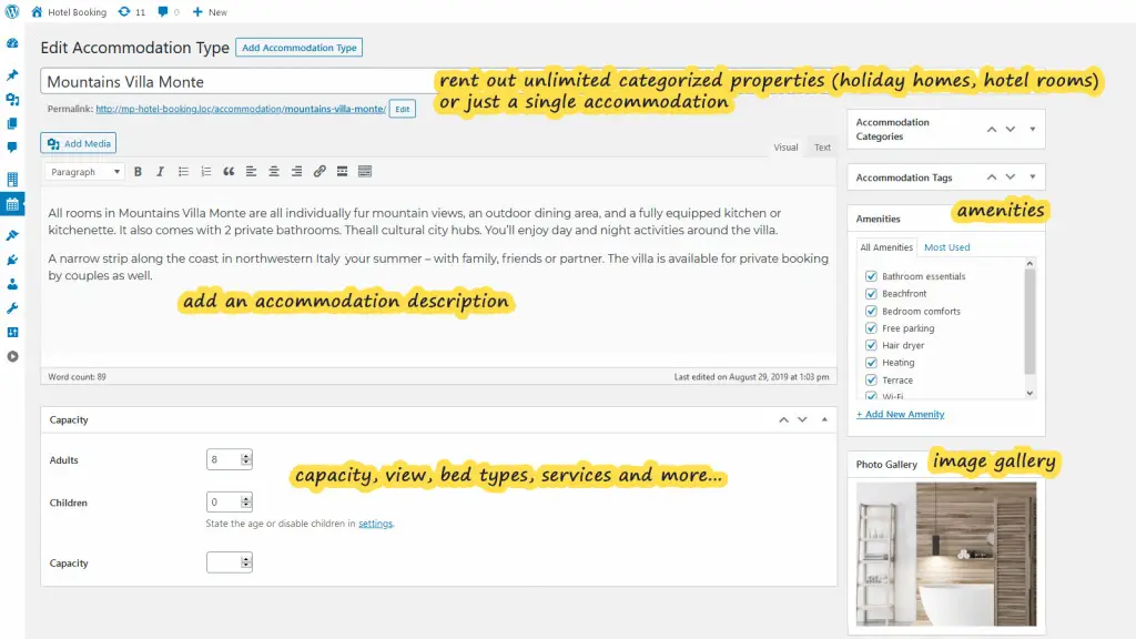wordpress hotel booking accommodation type