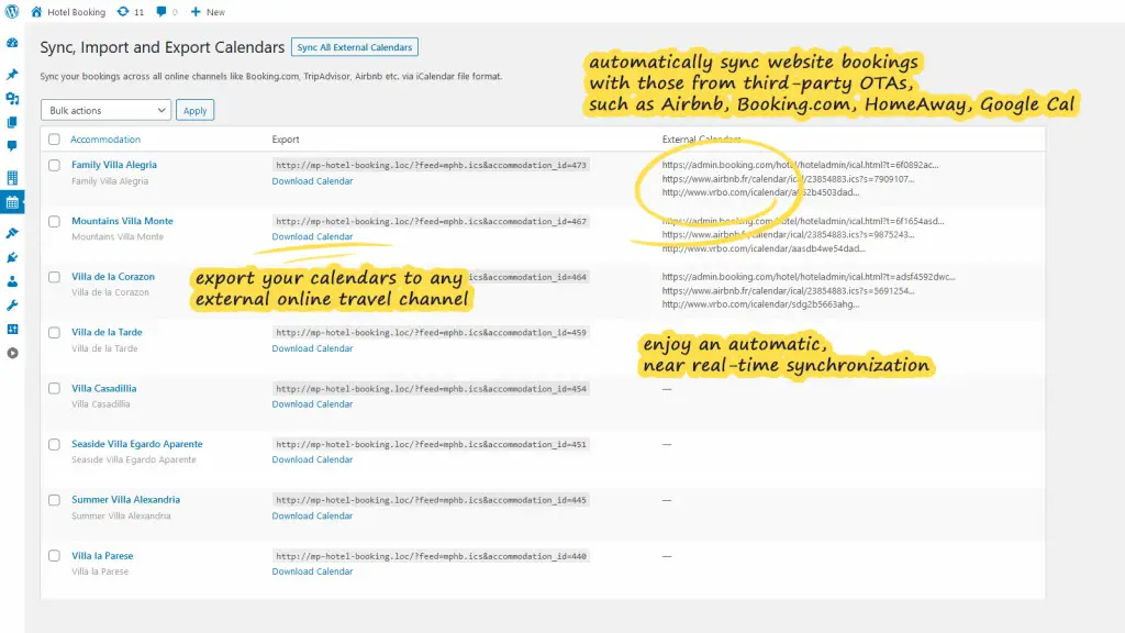 wordpress hotel booking sync calendars