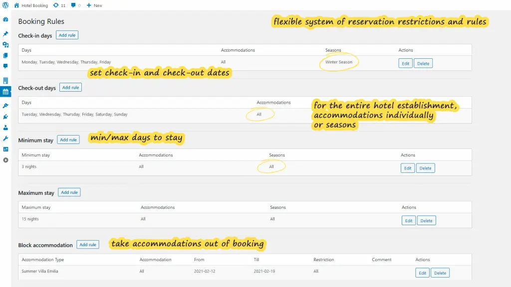 wordpress hotel booking booking rules