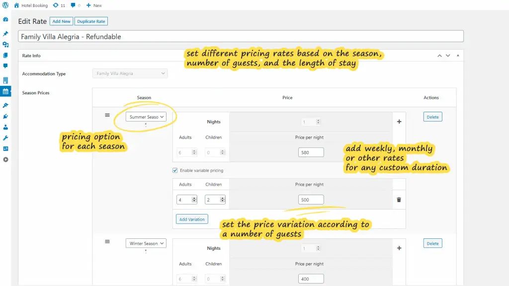 wordpress hotel booking edit rate