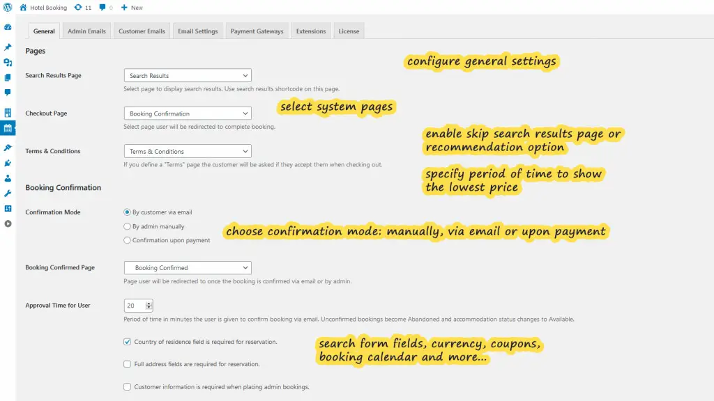 wordpress hotel booking settings