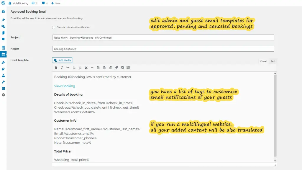 wordpress hotel booking settings emails