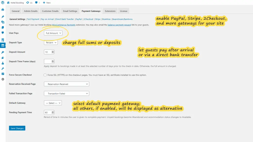 wordpress hotel booking settings payments