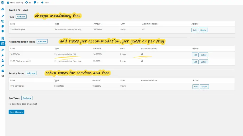 wordpress hotel booking taxes fees