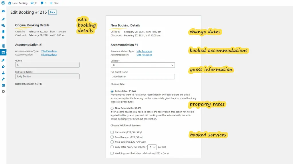 wordpress hotel booking edit booking