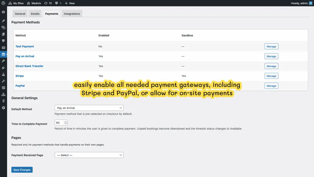 wordpress appointment booking payments settings