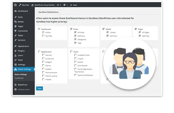 WordPress Demo Builder user role restrictions